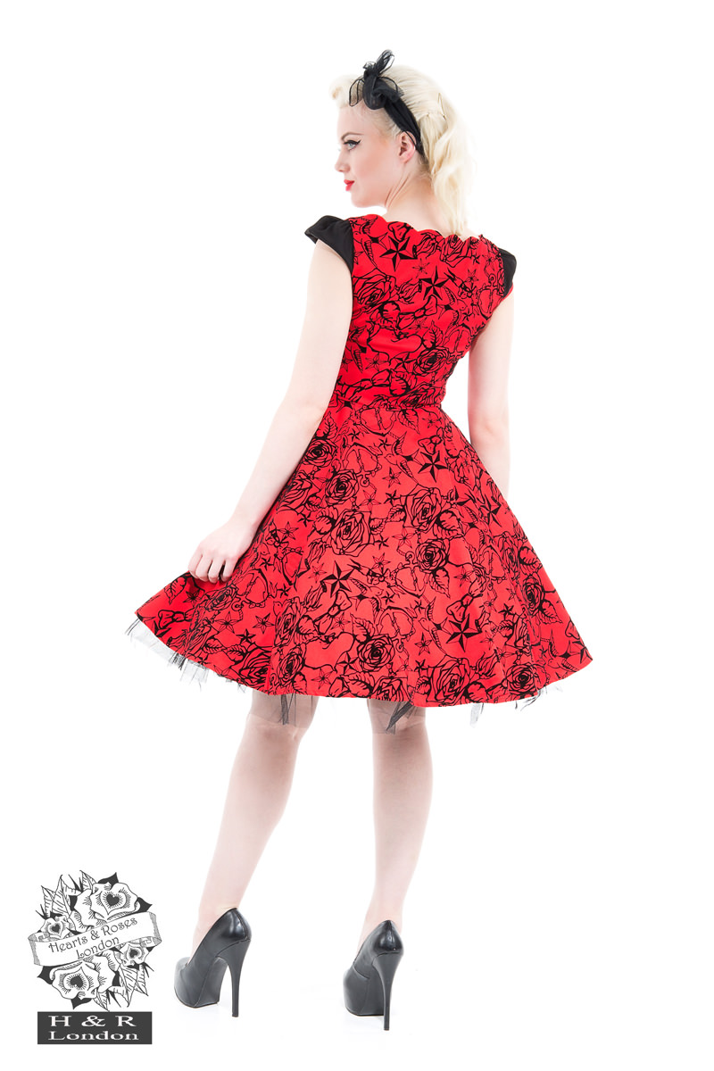 Red Flocked Evening Swing Dress